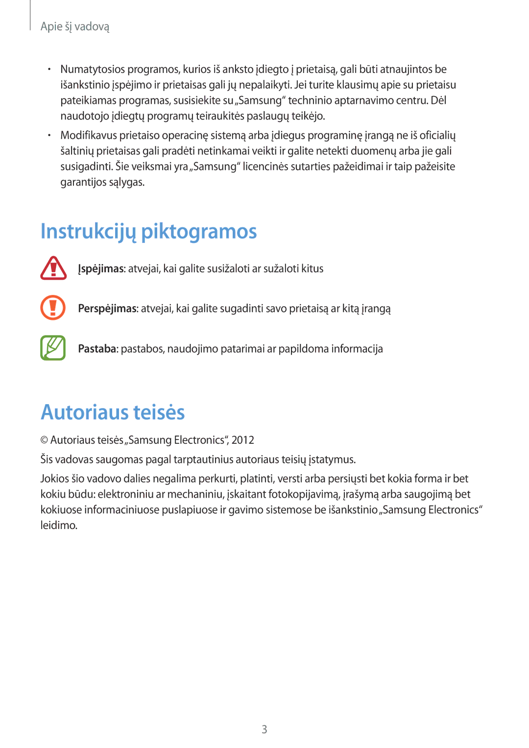 Samsung GT-S6012BBASEB, GT-S6012RWASEB, GT-S6012ZYASEB manual Instrukcijų piktogramos, Autoriaus teisės 
