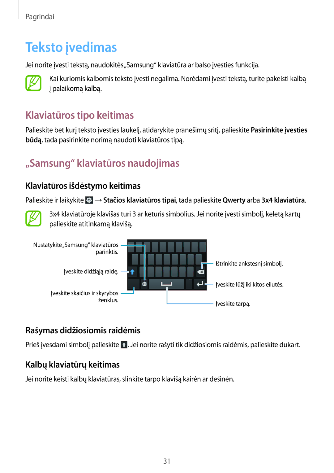 Samsung GT-S6012RWASEB, GT-S6012BBASEB manual Teksto įvedimas, Klaviatūros tipo keitimas, „Samsung klaviatūros naudojimas 