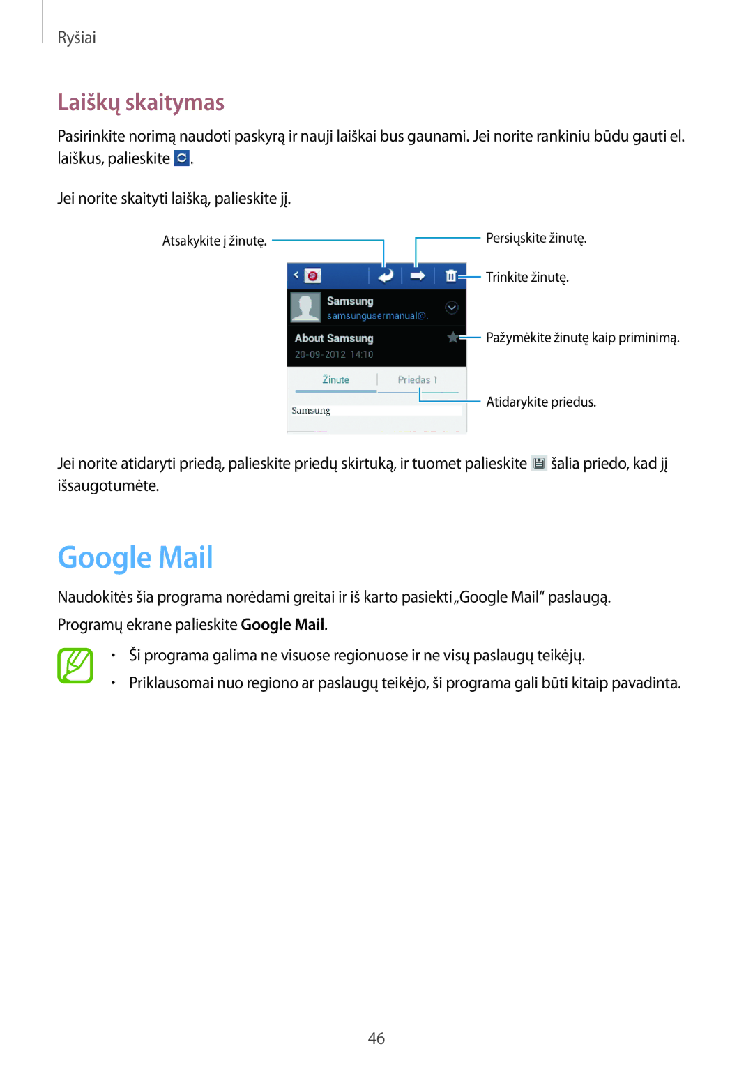 Samsung GT-S6012RWASEB, GT-S6012BBASEB, GT-S6012ZYASEB manual Google Mail, Laiškų skaitymas 