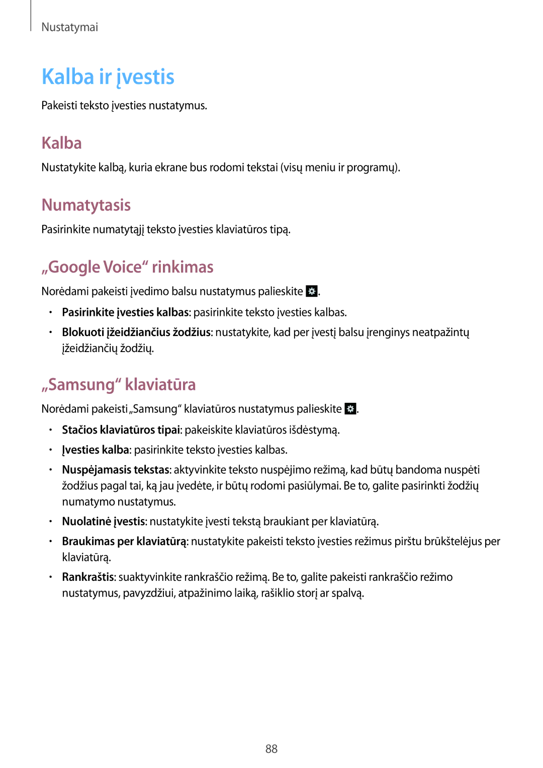 Samsung GT-S6012RWASEB, GT-S6012BBASEB manual Kalba ir įvestis, Numatytasis, „Google Voice rinkimas, „Samsung klaviatūra 