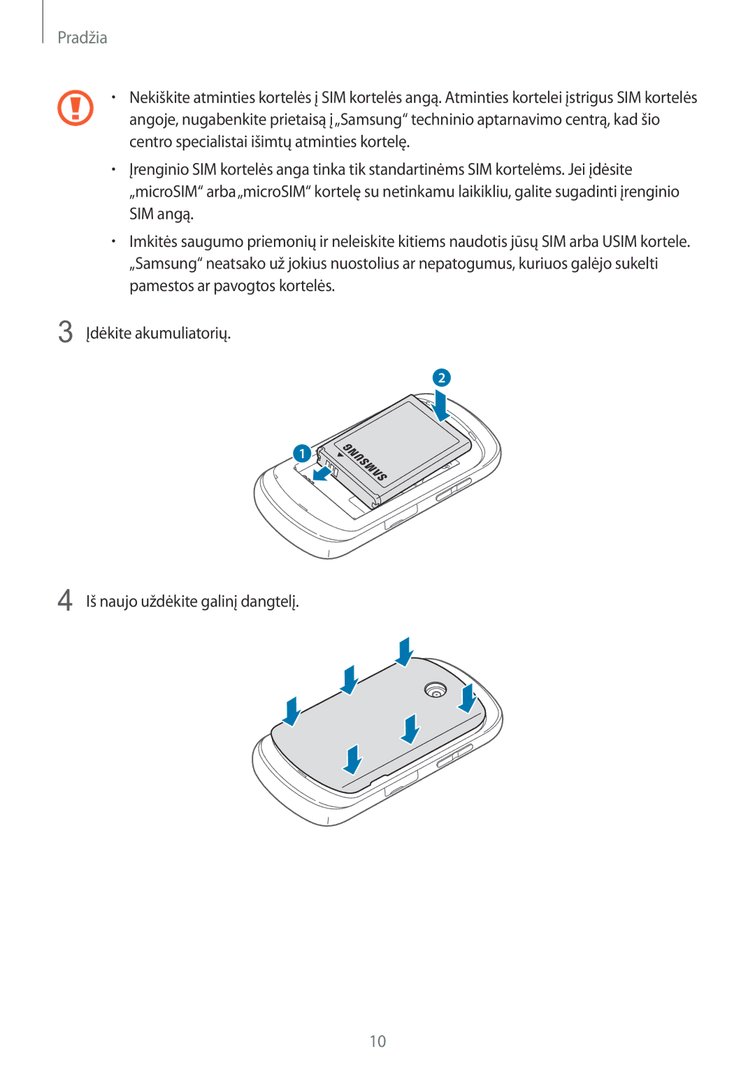 Samsung GT-S6012RWASEB, GT-S6012BBASEB, GT-S6012ZYASEB manual Pradžia 