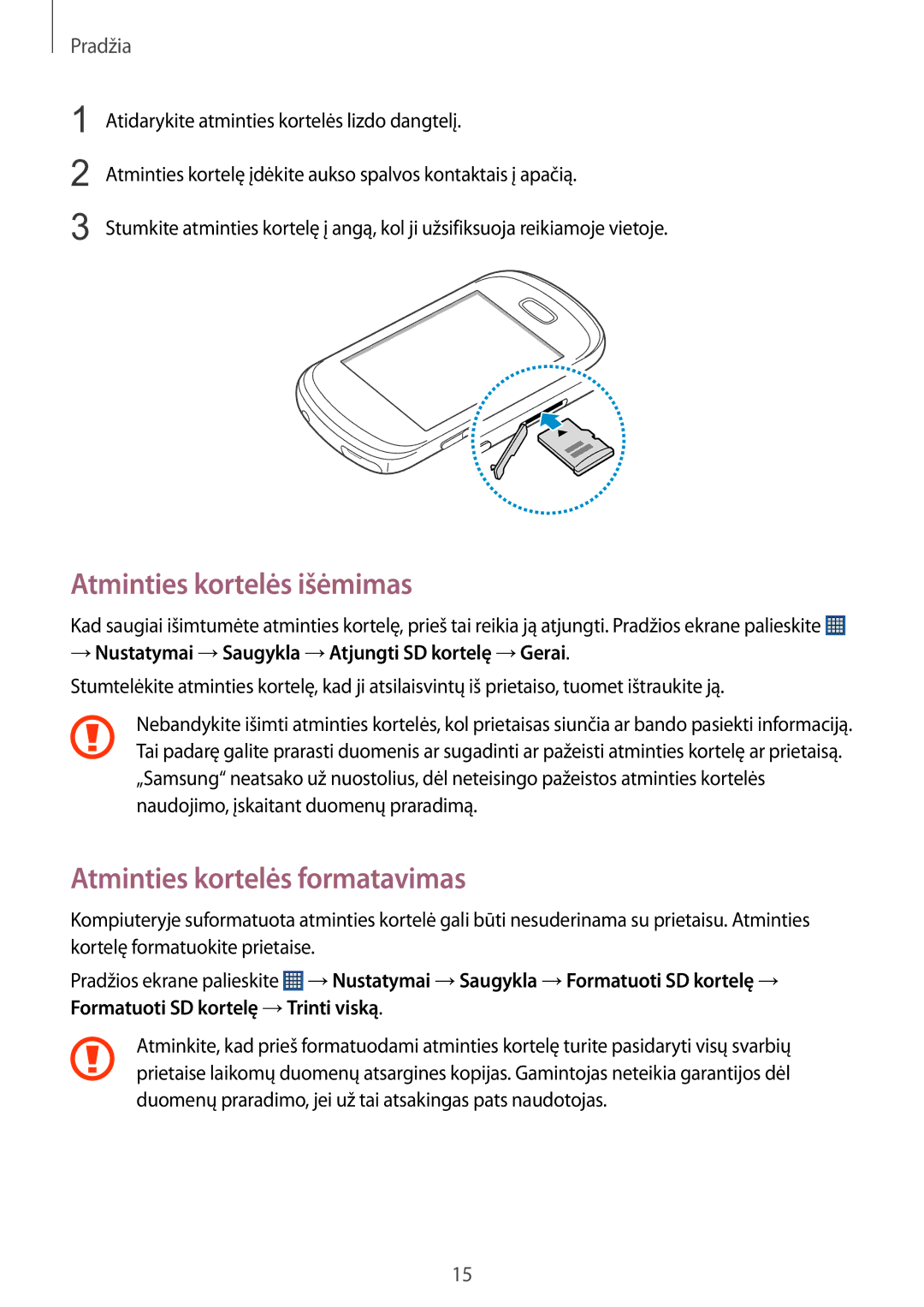 Samsung GT-S6012BBASEB, GT-S6012RWASEB, GT-S6012ZYASEB manual Atminties kortelės išėmimas, Atminties kortelės formatavimas 