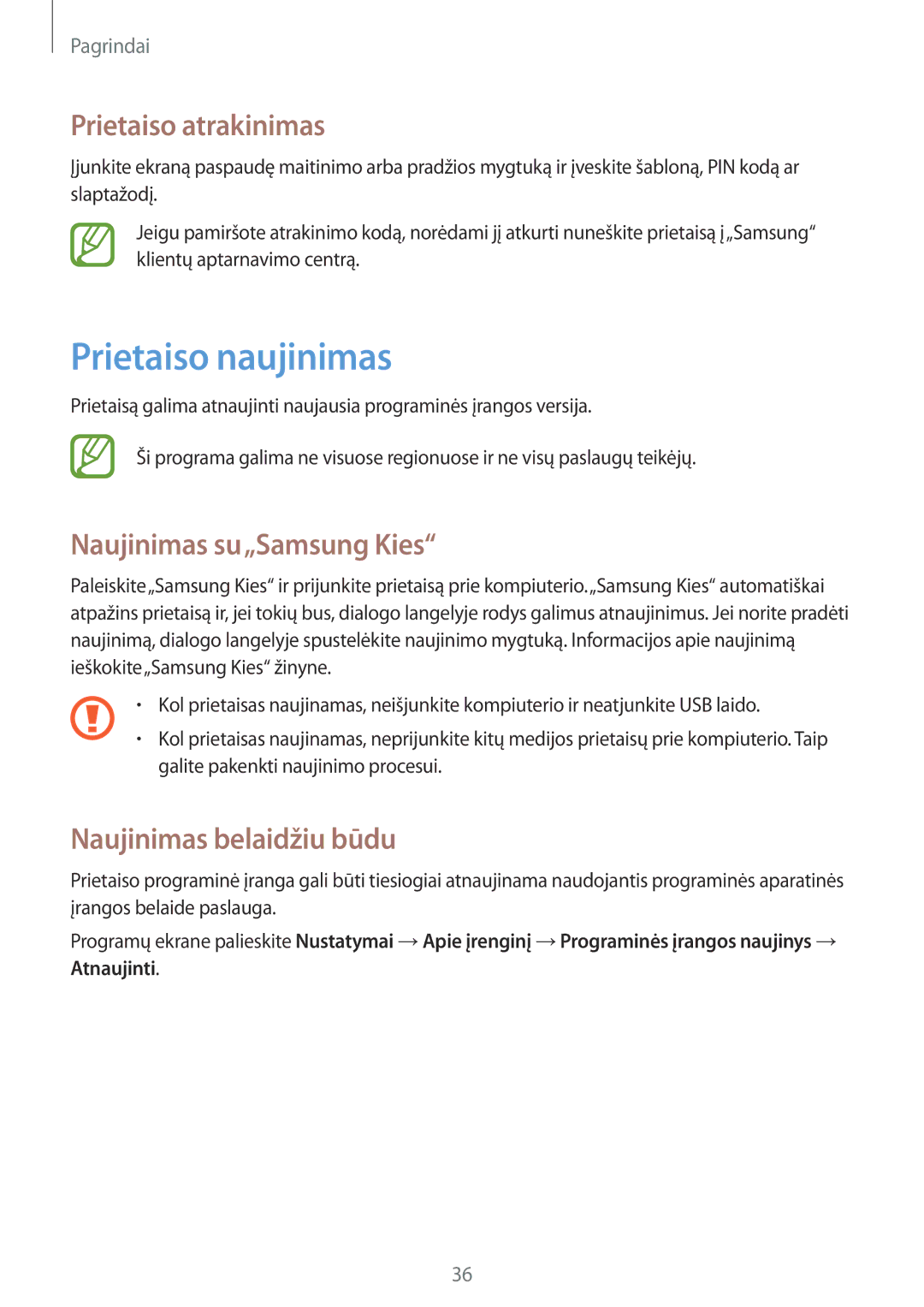 Samsung GT-S6012BBASEB Prietaiso naujinimas, Prietaiso atrakinimas, Naujinimas su„Samsung Kies, Naujinimas belaidžiu būdu 