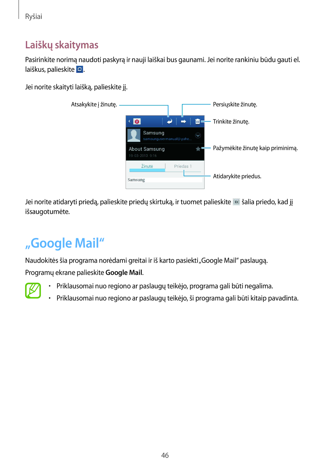 Samsung GT-S6012RWASEB, GT-S6012BBASEB, GT-S6012ZYASEB manual „Google Mail, Laiškų skaitymas 