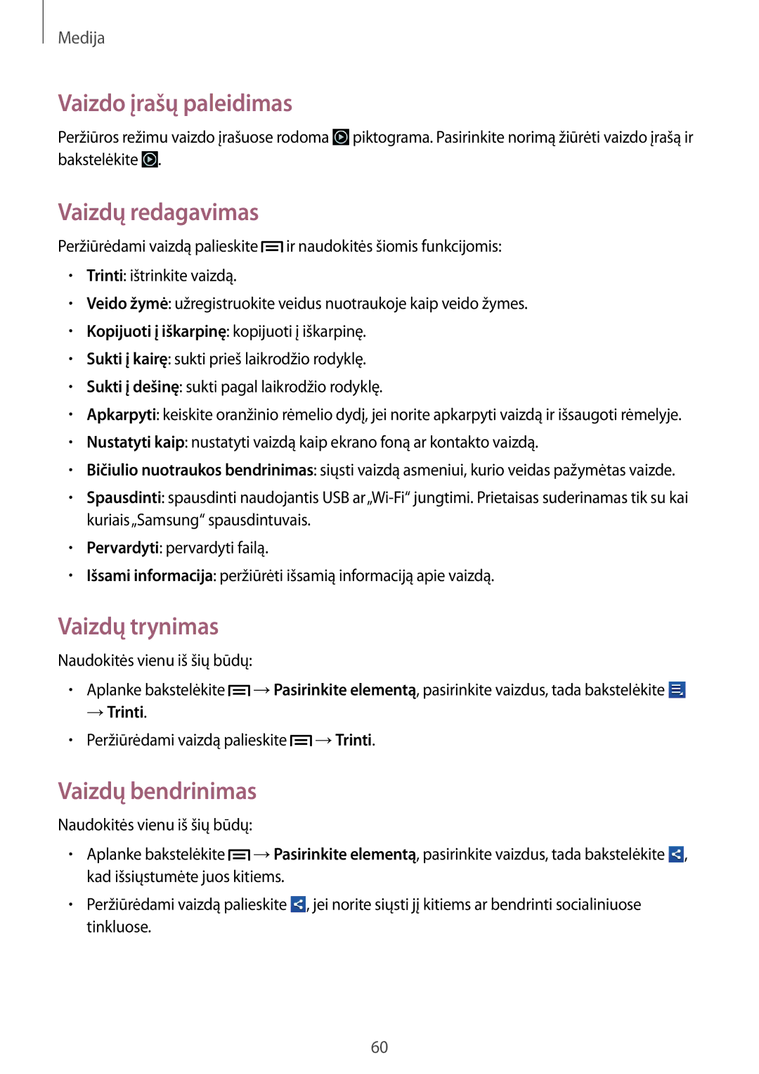 Samsung GT-S6012BBASEB manual Vaizdo įrašų paleidimas, Vaizdų redagavimas, Vaizdų trynimas, Vaizdų bendrinimas, →Trinti 