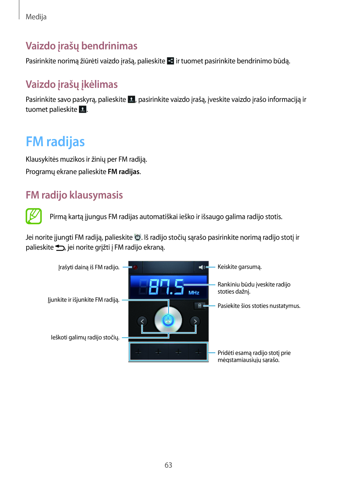 Samsung GT-S6012BBASEB, GT-S6012RWASEB, GT-S6012ZYASEB manual FM radijas, Vaizdo įrašų įkėlimas, FM radijo klausymasis 