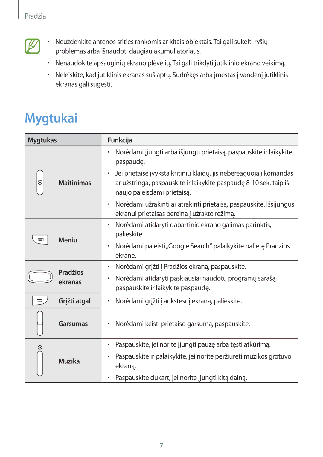 Samsung GT-S6012RWASEB, GT-S6012BBASEB, GT-S6012ZYASEB manual Mygtukai 