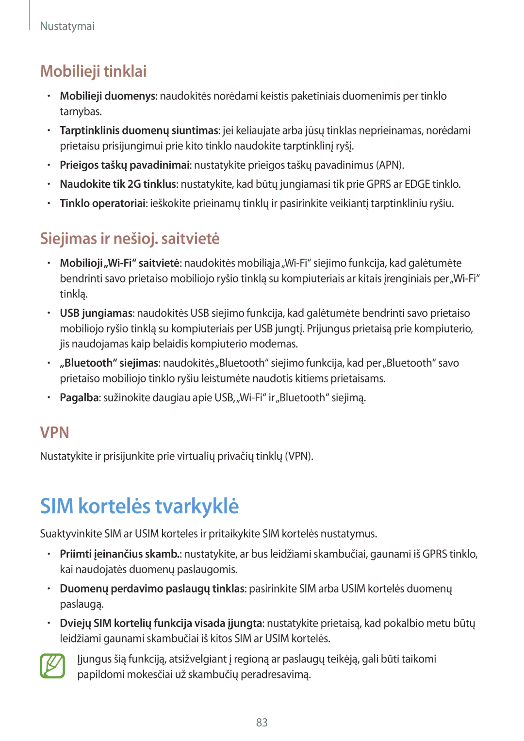 Samsung GT-S6012ZYASEB, GT-S6012BBASEB manual SIM kortelės tvarkyklė, Mobilieji tinklai, Siejimas ir nešioj. saitvietė 