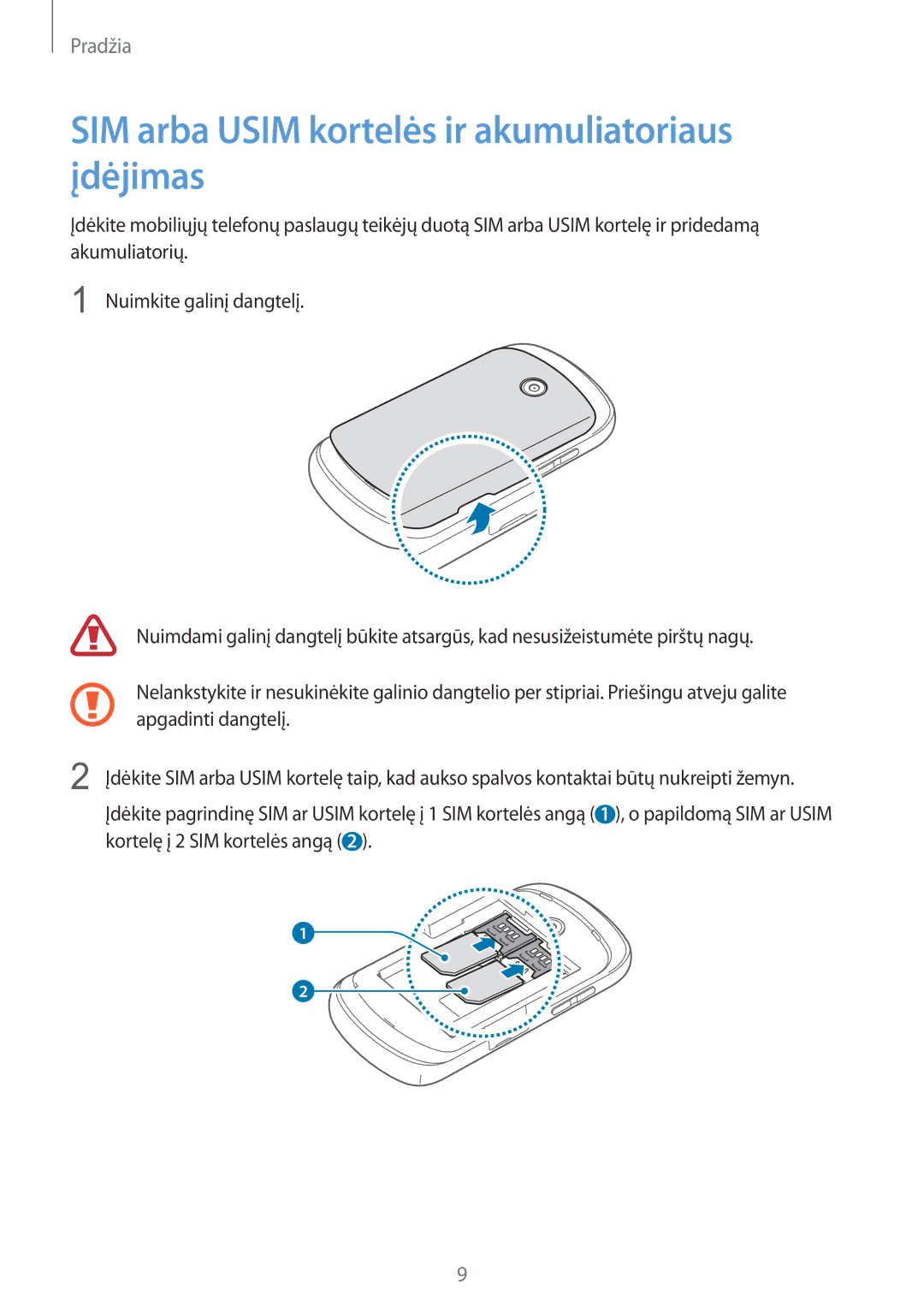 Samsung GT-S6012BBASEB, GT-S6012RWASEB, GT-S6012ZYASEB manual SIM arba Usim kortelės ir akumuliatoriaus įdėjimas 
