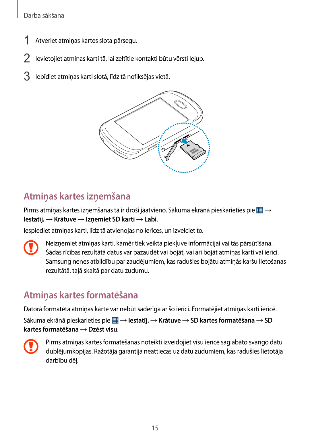 Samsung GT-S6012BBASEB, GT-S6012RWASEB, GT-S6012ZYASEB manual Atmiņas kartes izņemšana, Atmiņas kartes formatēšana 