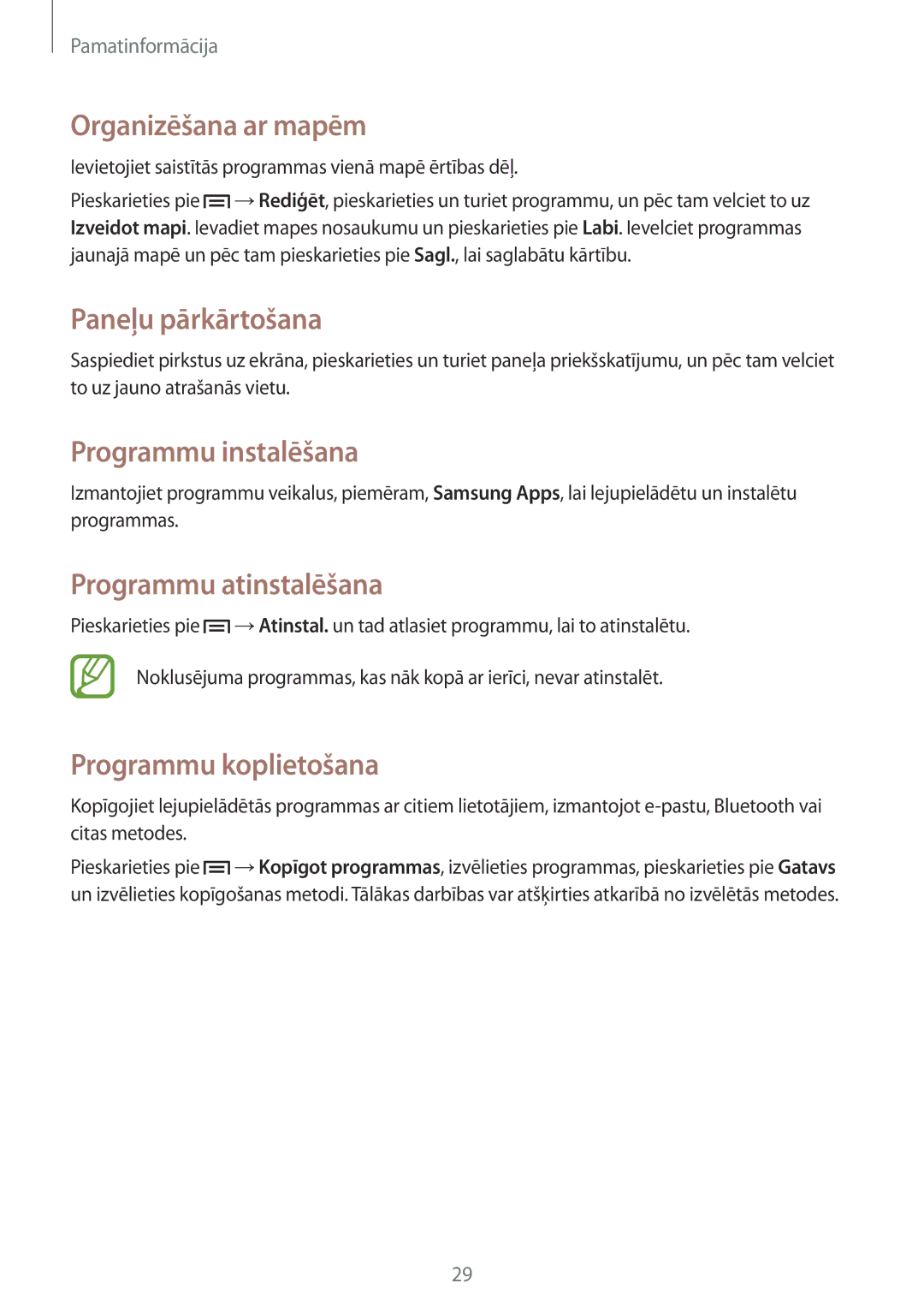 Samsung GT-S6012ZYASEB manual Organizēšana ar mapēm, Programmu instalēšana, Programmu atinstalēšana, Programmu koplietošana 