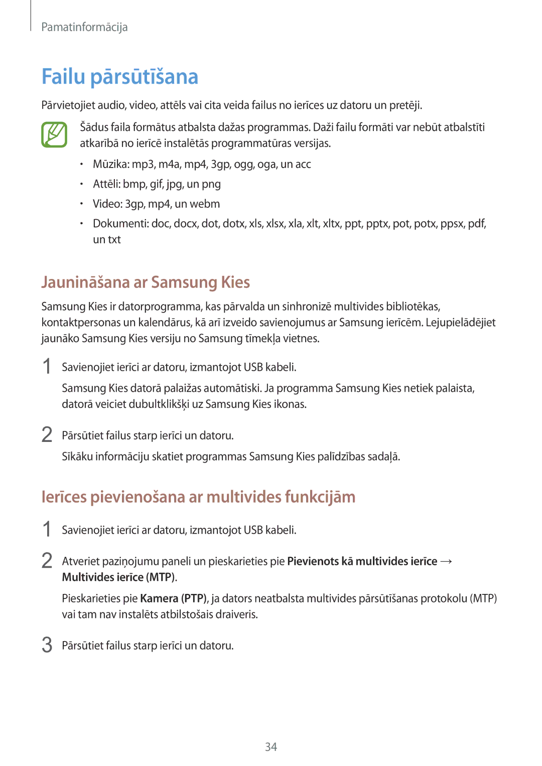 Samsung GT-S6012RWASEB manual Failu pārsūtīšana, Jaunināšana ar Samsung Kies, Ierīces pievienošana ar multivides funkcijām 