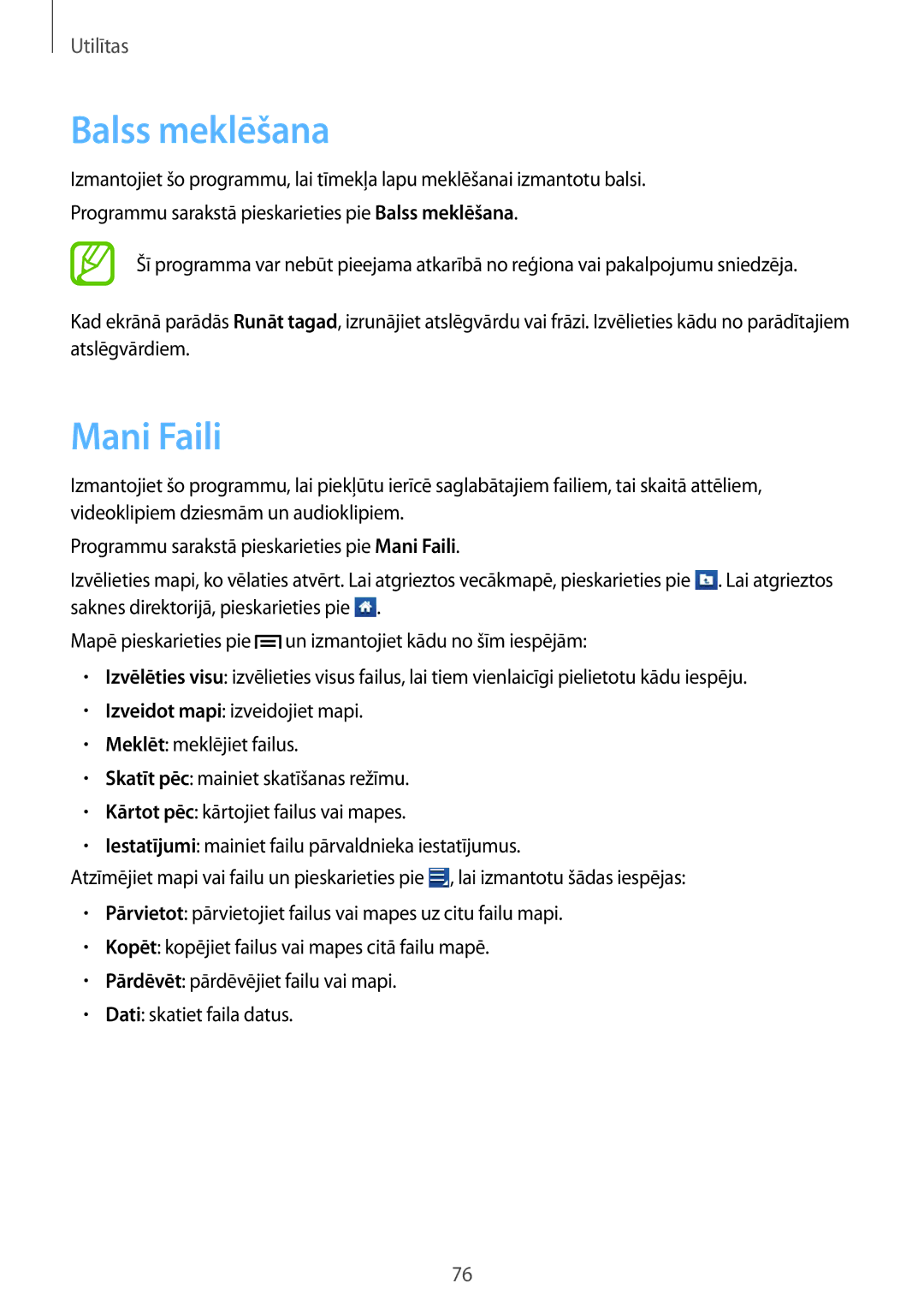 Samsung GT-S6012RWASEB, GT-S6012BBASEB, GT-S6012ZYASEB manual Balss meklēšana, Mani Faili 
