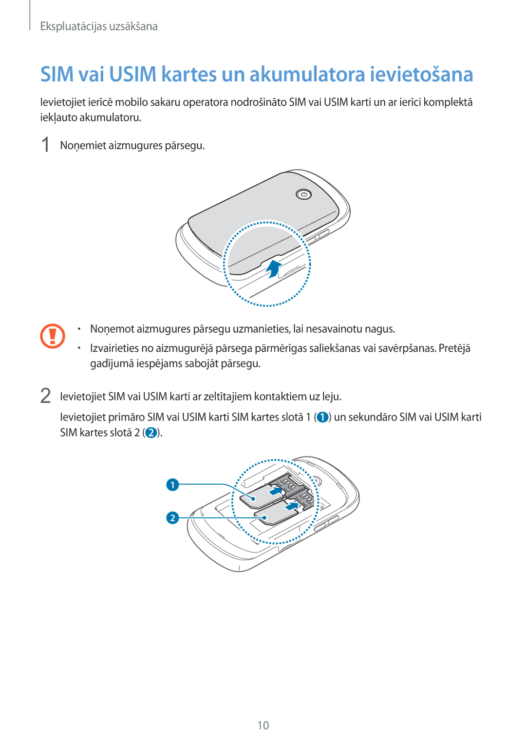 Samsung GT-S6012RWASEB, GT-S6012BBASEB, GT-S6012ZYASEB manual SIM vai Usim kartes un akumulatora ievietošana 