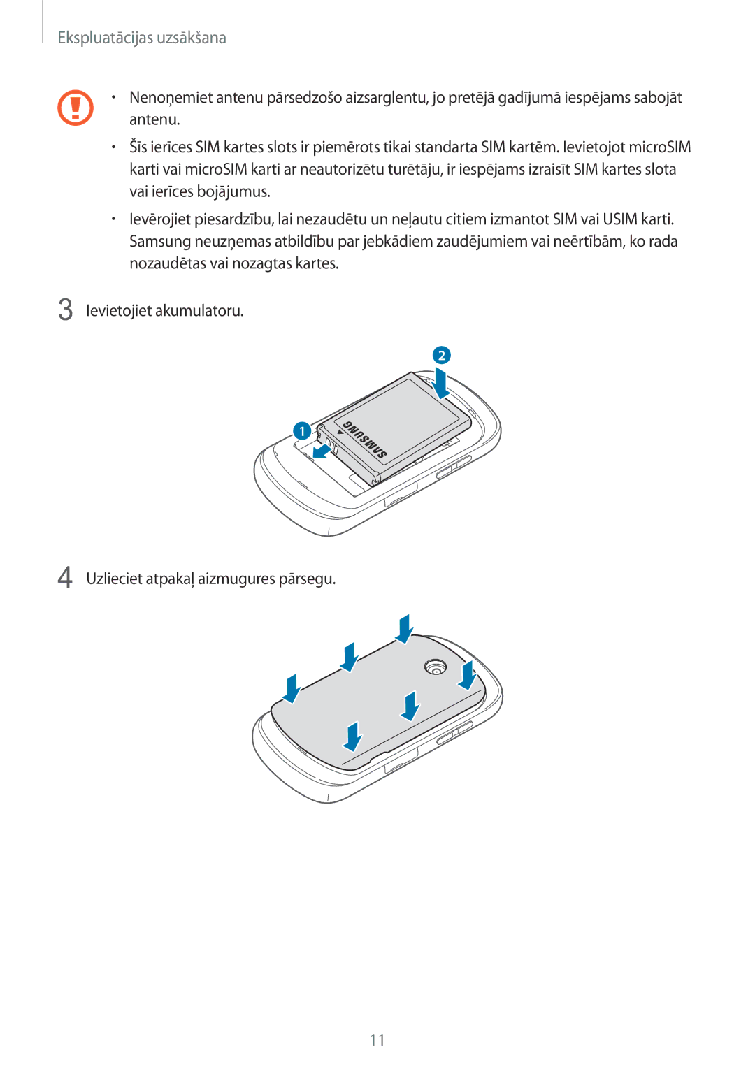 Samsung GT-S6012ZYASEB, GT-S6012BBASEB, GT-S6012RWASEB manual Ekspluatācijas uzsākšana 