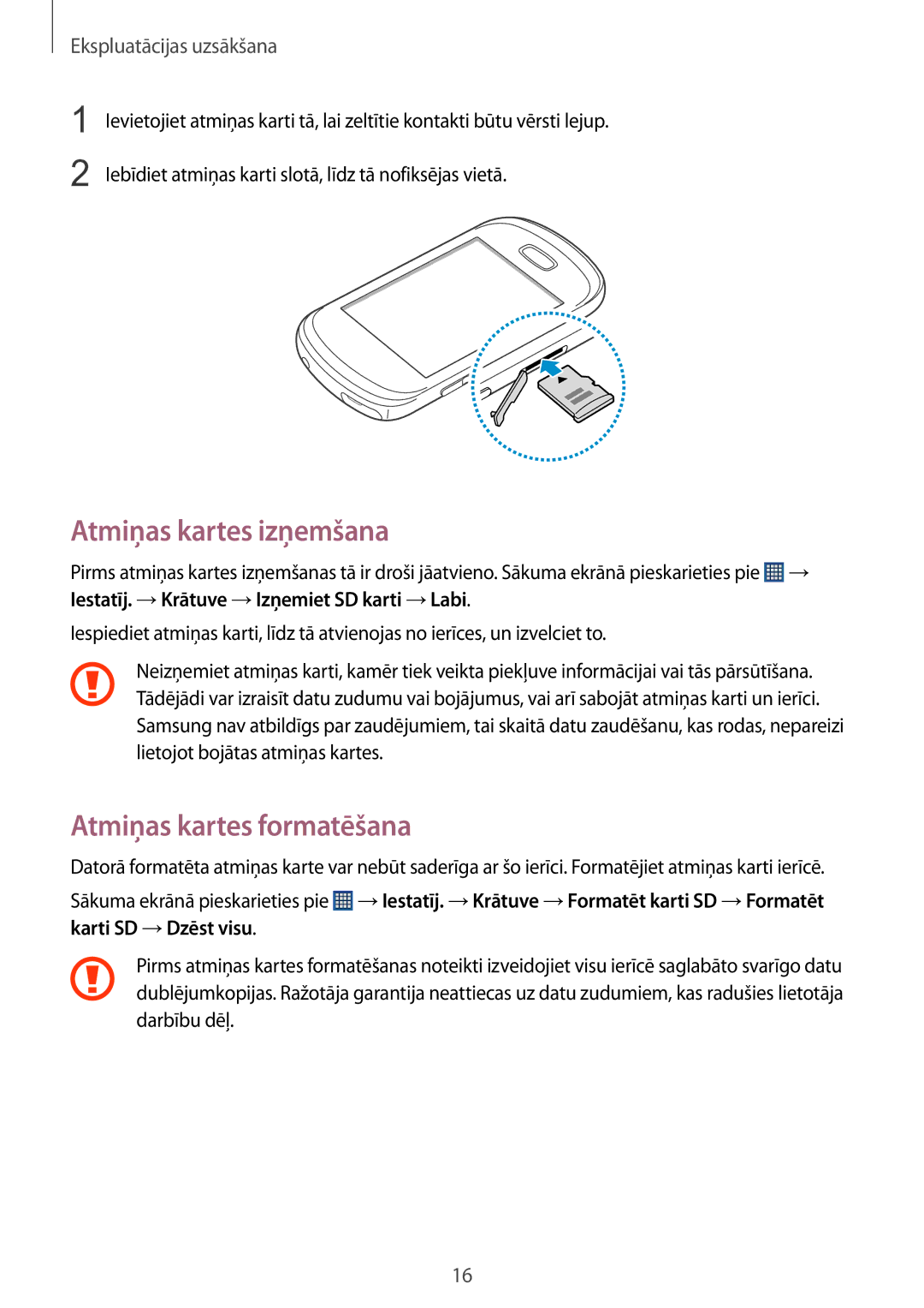 Samsung GT-S6012RWASEB, GT-S6012BBASEB, GT-S6012ZYASEB manual Atmiņas kartes izņemšana, Atmiņas kartes formatēšana 