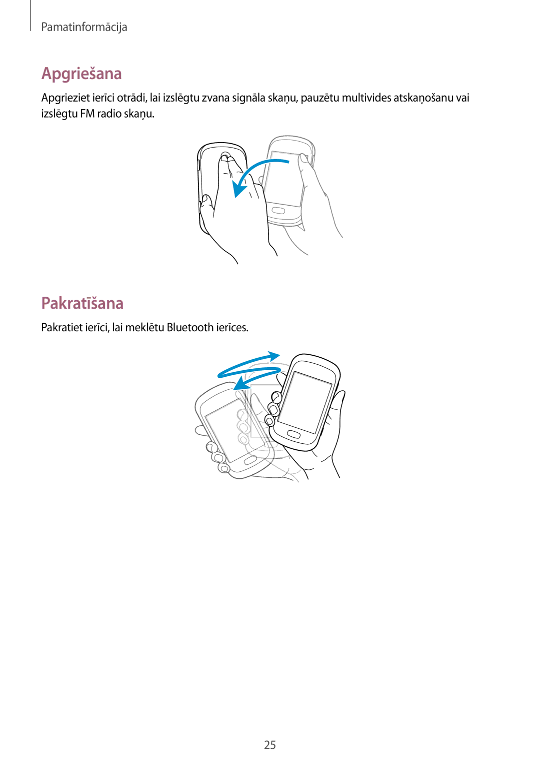 Samsung GT-S6012RWASEB, GT-S6012BBASEB manual Apgriešana, Pakratīšana, Pakratiet ierīci, lai meklētu Bluetooth ierīces 