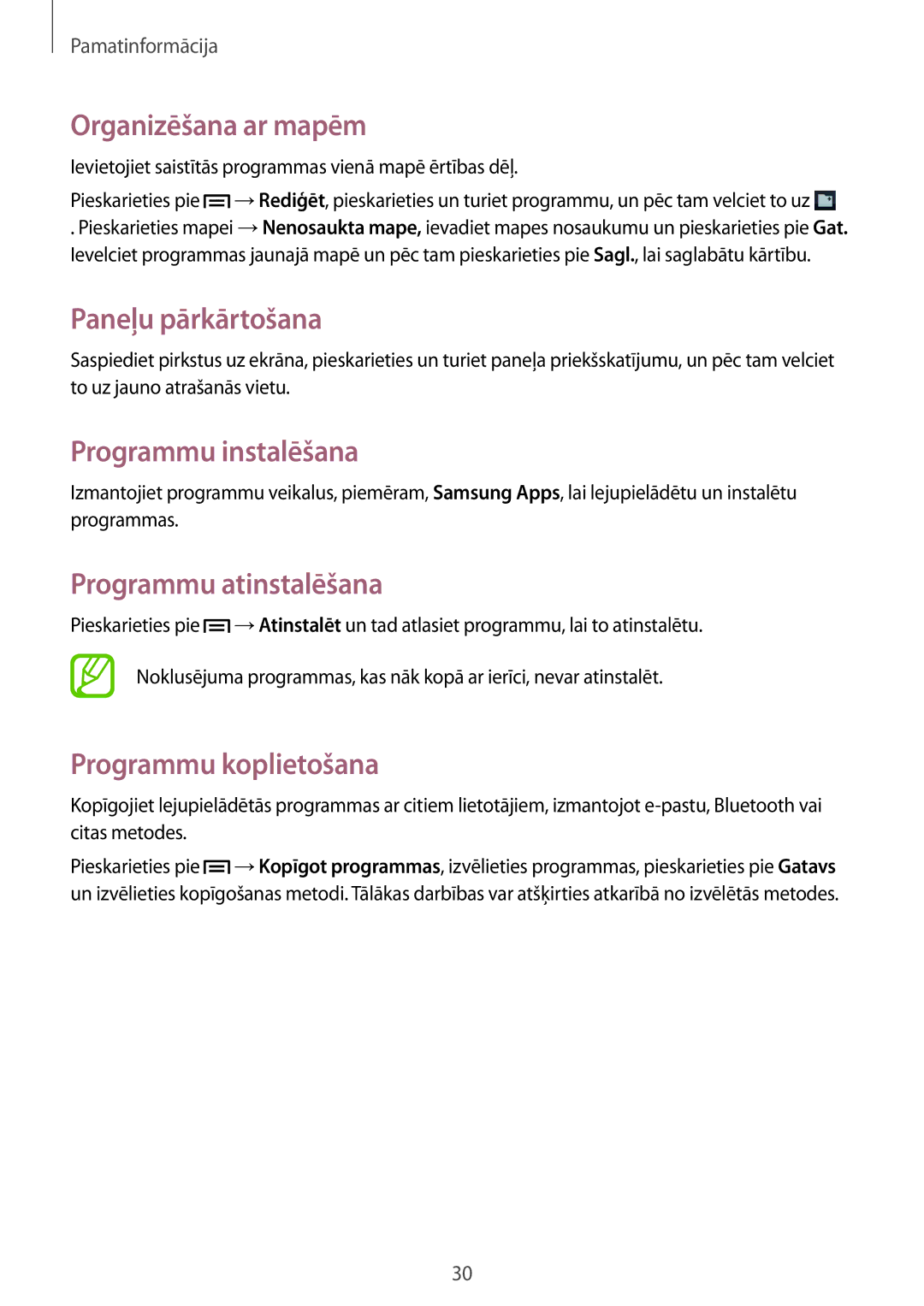 Samsung GT-S6012BBASEB manual Organizēšana ar mapēm, Programmu instalēšana, Programmu atinstalēšana, Programmu koplietošana 