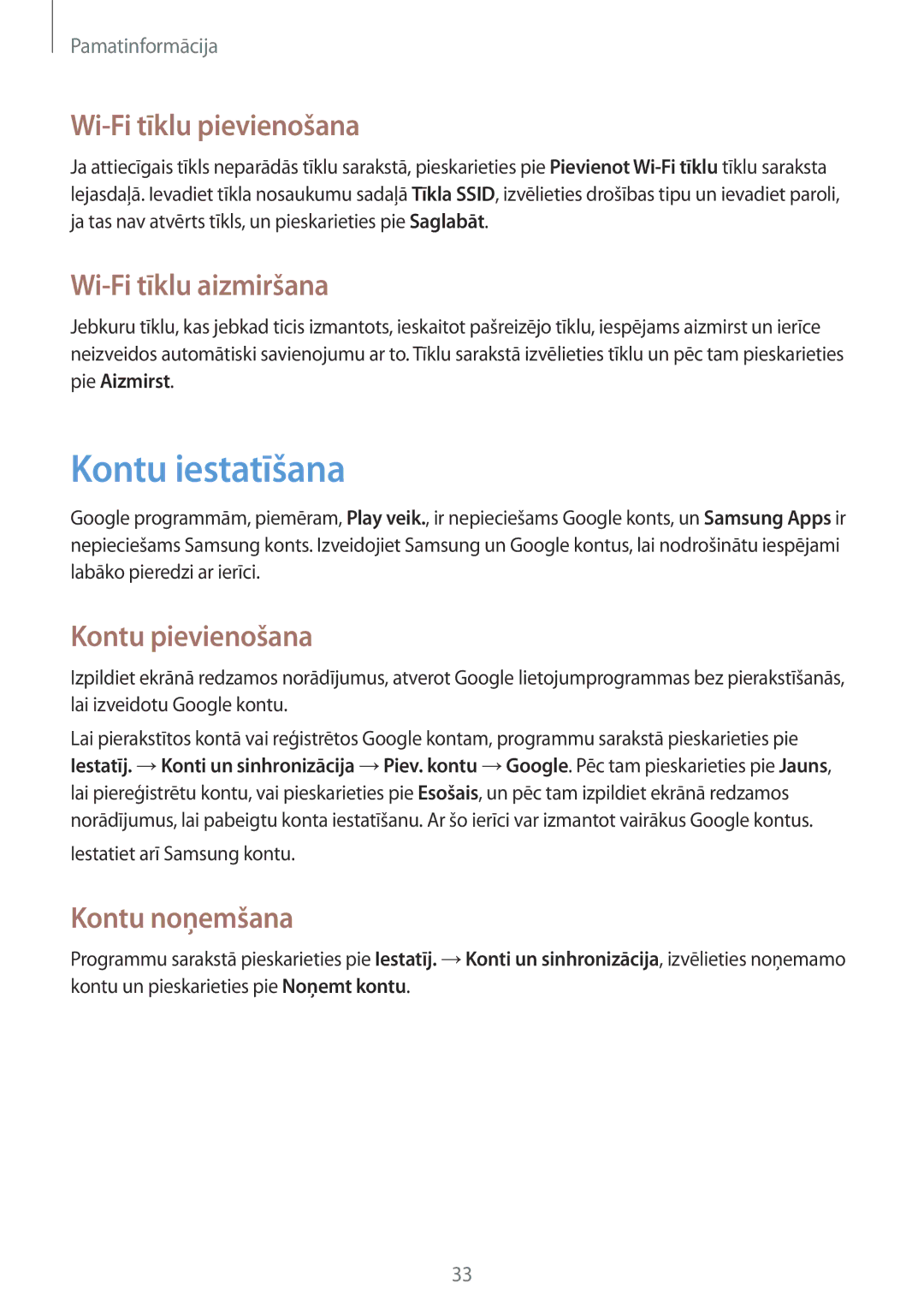 Samsung GT-S6012BBASEB manual Kontu iestatīšana, Wi-Fi tīklu pievienošana, Wi-Fi tīklu aizmiršana, Kontu pievienošana 