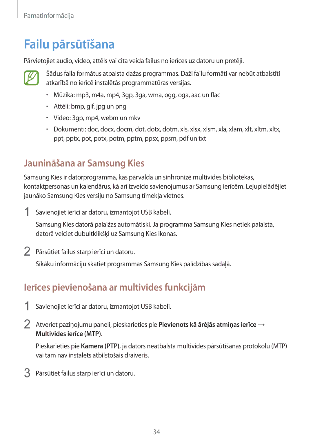 Samsung GT-S6012RWASEB manual Failu pārsūtīšana, Jaunināšana ar Samsung Kies, Ierīces pievienošana ar multivides funkcijām 