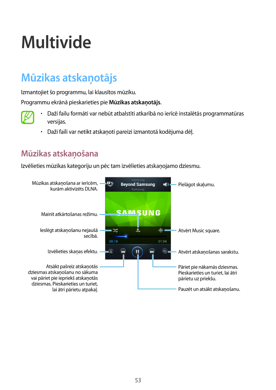 Samsung GT-S6012ZYASEB, GT-S6012BBASEB, GT-S6012RWASEB manual Multivide, Mūzikas atskaņotājs, Mūzikas atskaņošana 