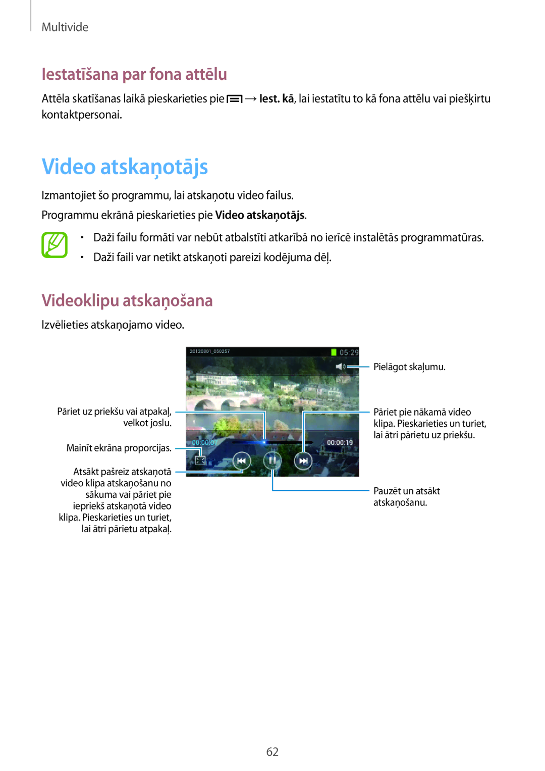 Samsung GT-S6012ZYASEB, GT-S6012BBASEB manual Video atskaņotājs, Iestatīšana par fona attēlu, Izvēlieties atskaņojamo video 