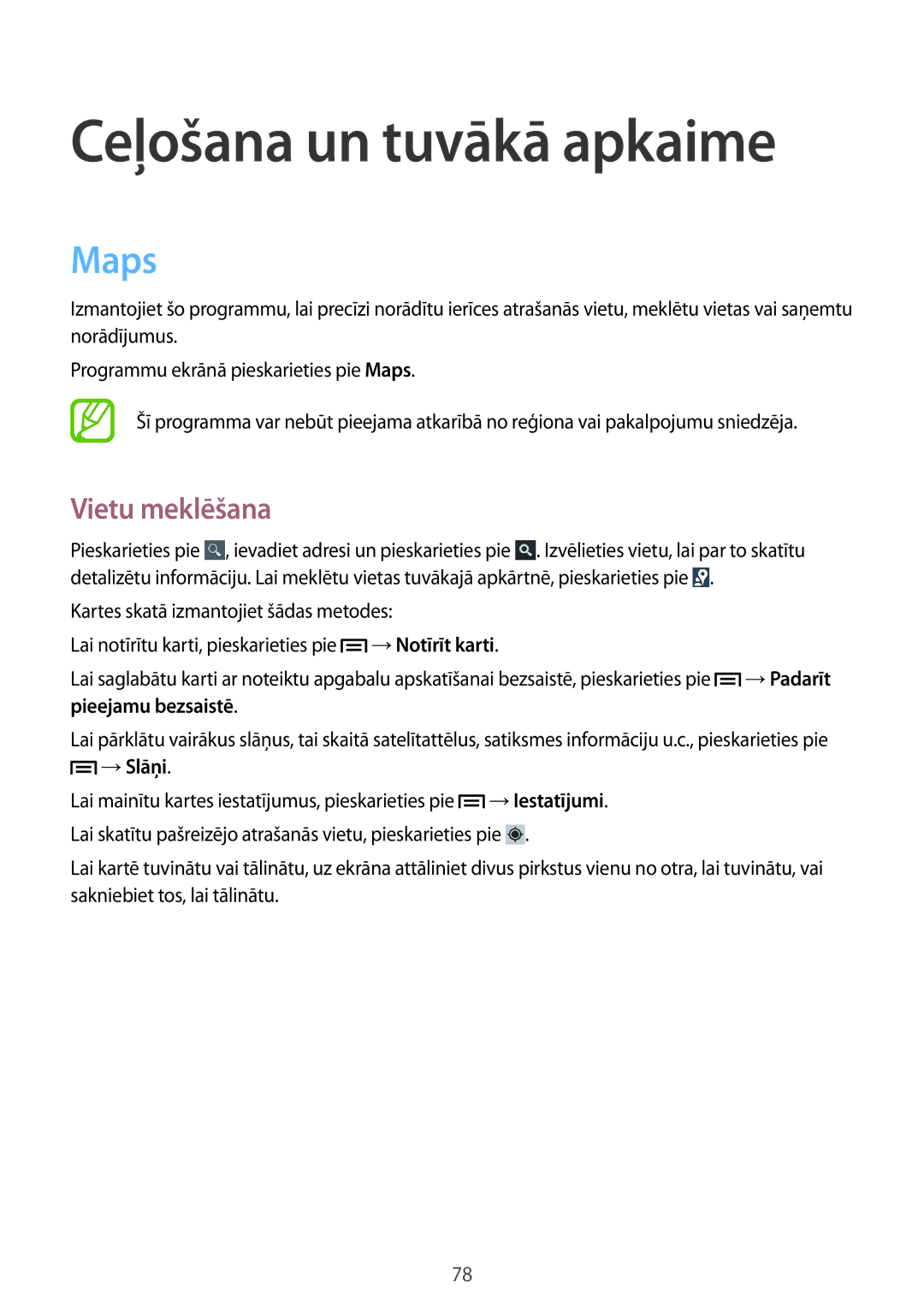 Samsung GT-S6012BBASEB, GT-S6012RWASEB, GT-S6012ZYASEB manual Ceļošana un tuvākā apkaime, Maps, Vietu meklēšana 