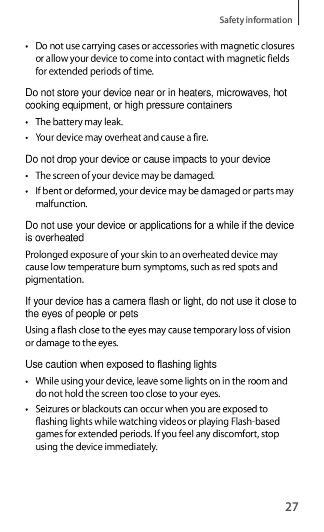 Samsung GT-S6012BBASER, GT-S6012RWASER, GT-S6012ZYASER manual Do not drop your device or cause impacts to your device 