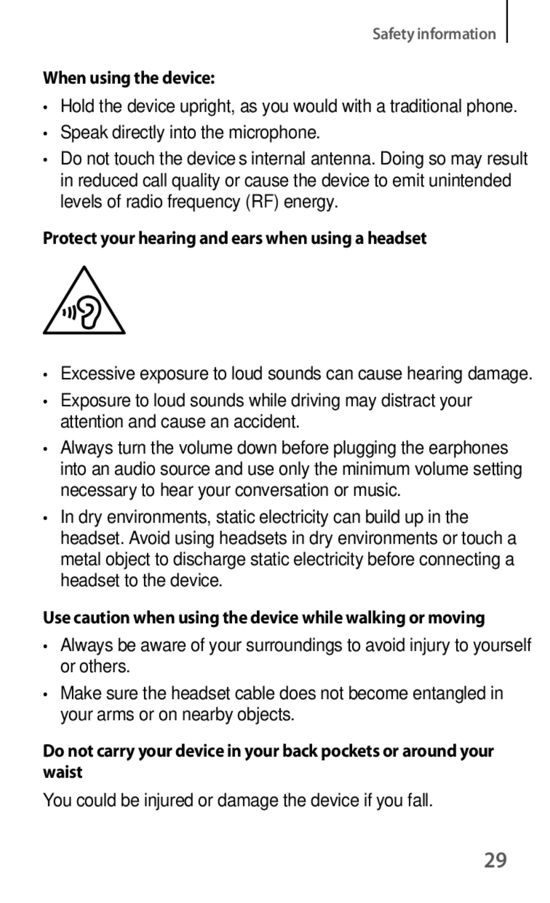 Samsung GT-S6012ZYASER, GT-S6012BBASER manual When using the device, Protect your hearing and ears when using a headset 