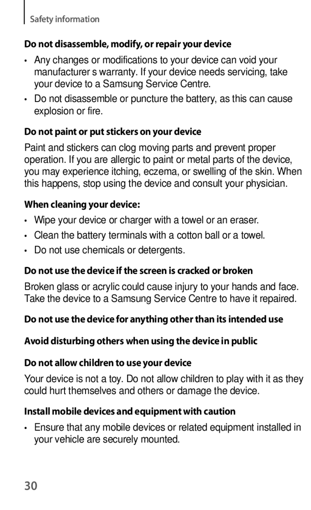 Samsung GT-S6012BBASER Do not disassemble, modify, or repair your device, Do not paint or put stickers on your device 