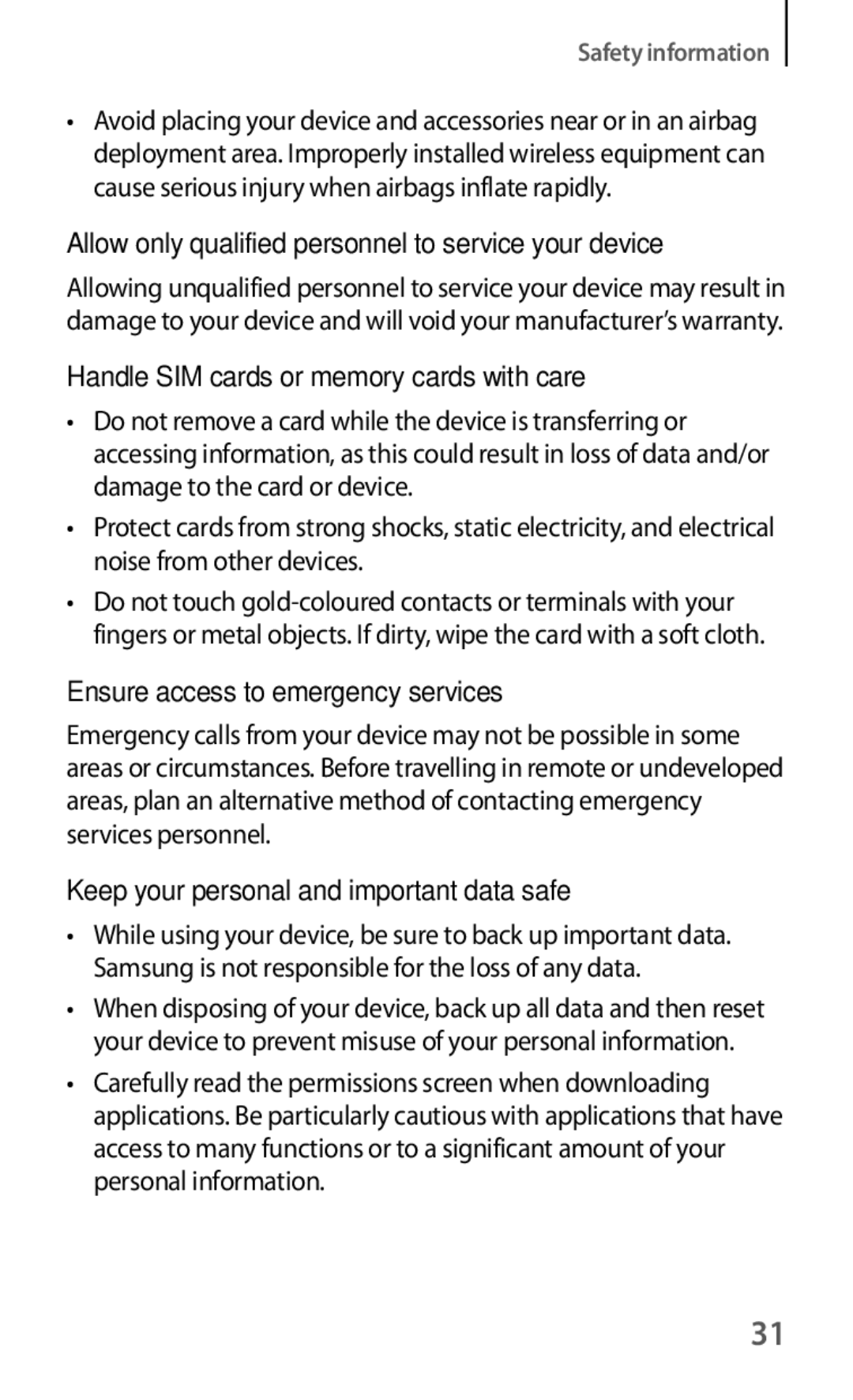 Samsung GT-S6012RWASER Allow only qualified personnel to service your device, Handle SIM cards or memory cards with care 