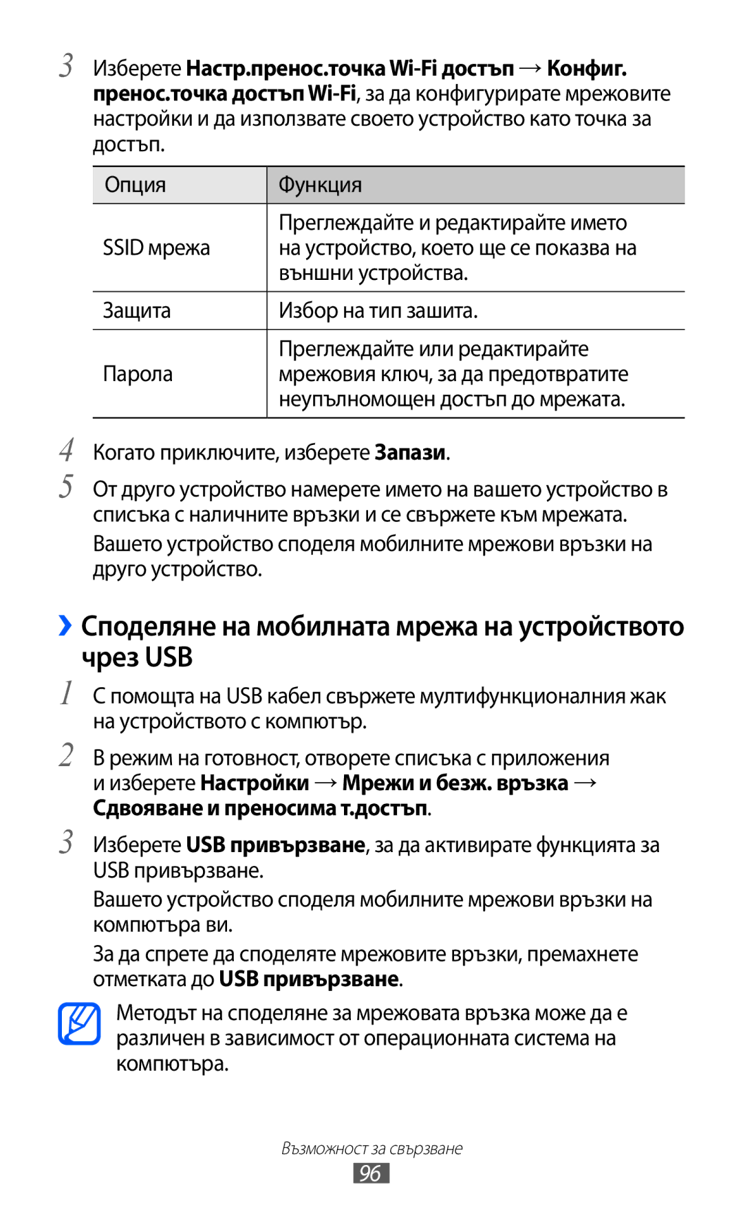 Samsung GT-S6102ALABGL, GT2S6102UWABGL, GT-S6102TKABGL manual ››Споделяне на мобилната мрежа на устройството чрез USB 