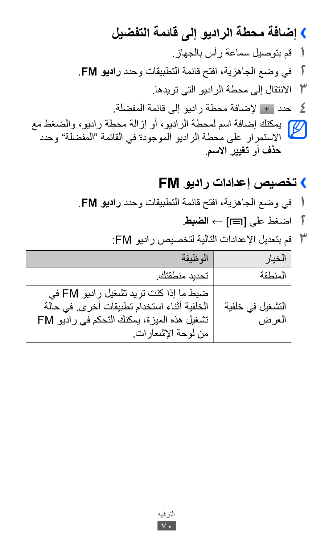 Samsung GT-S6102SKAEGY manual ليضفتلا ةمئاق ىلإ ويدارلا ةطحم ةفاضإ››, Fm ويدار تادادعإ صيصخت››, مسلاا رييغت وأ فذح 