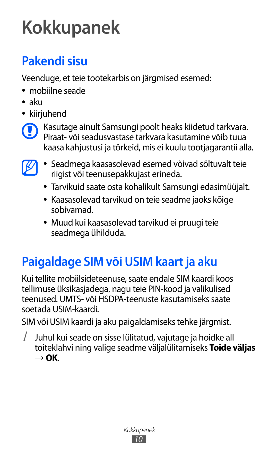 Samsung GT-S6102SKASEB manual Kokkupanek, Pakendi sisu, Paigaldage SIM või Usim kaart ja aku, → Ok 