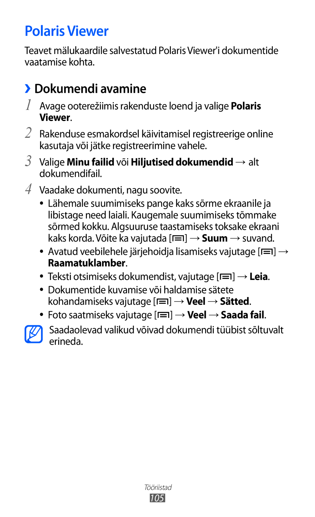 Samsung GT-S6102SKASEB manual Polaris Viewer, ››Dokumendi avamine, → Veel → Sätted 