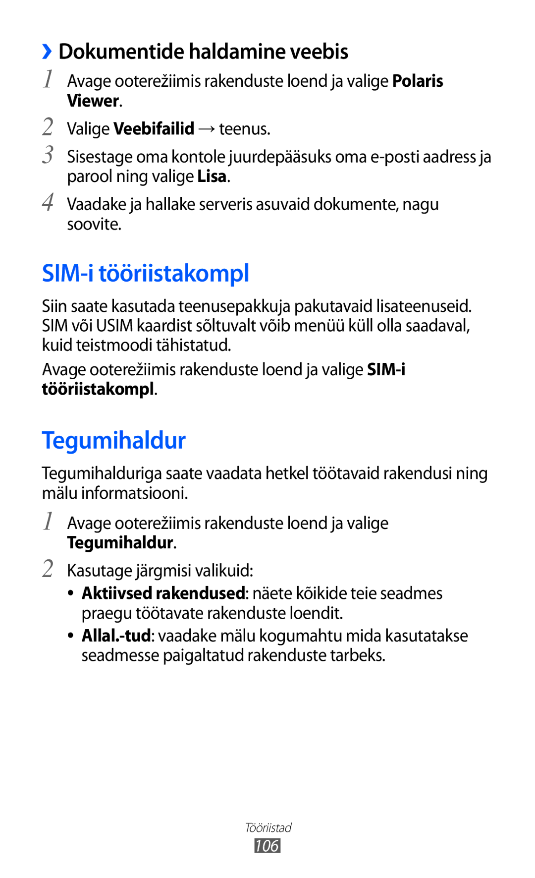 Samsung GT-S6102SKASEB manual SIM-i tööriistakompl, Tegumihaldur, ››Dokumentide haldamine veebis, 106 