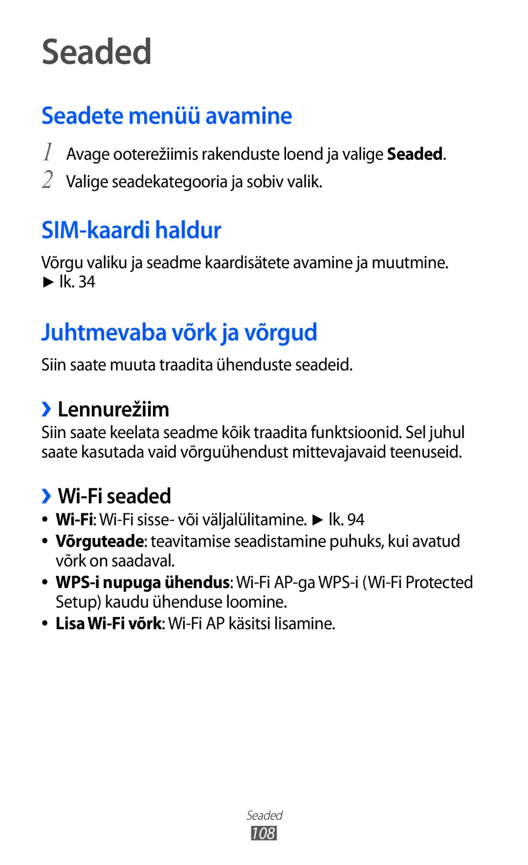 Samsung GT-S6102SKASEB manual Seaded, Seadete menüü avamine, SIM-kaardi haldur, Juhtmevaba võrk ja võrgud 