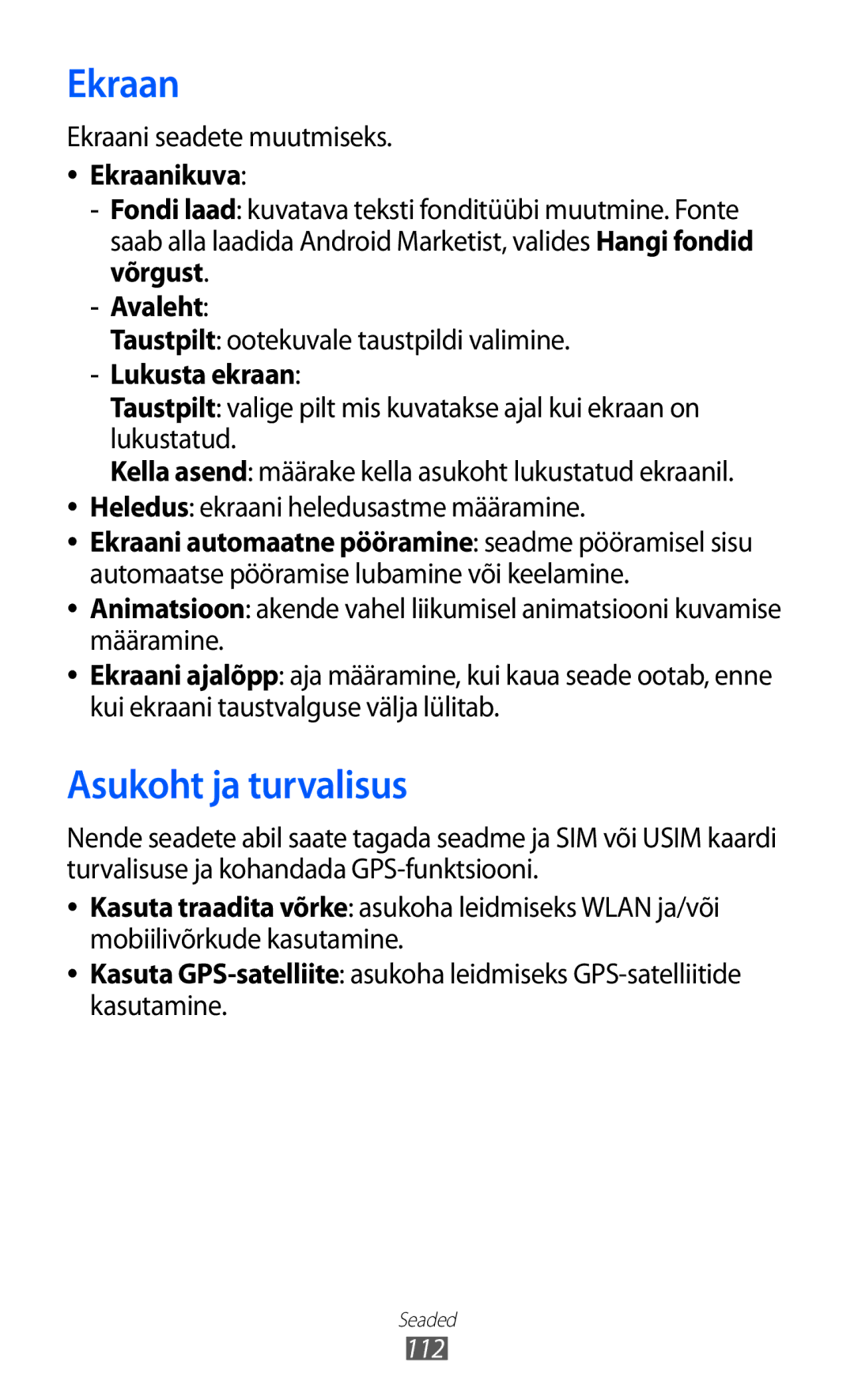 Samsung GT-S6102SKASEB manual Asukoht ja turvalisus, Ekraanikuva, Avaleht, Lukusta ekraan 