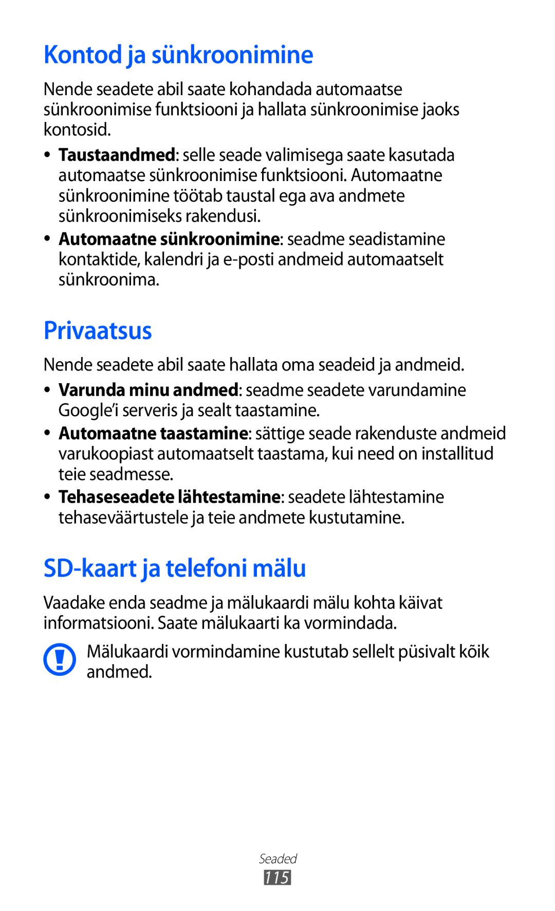 Samsung GT-S6102SKASEB manual Kontod ja sünkroonimine, Privaatsus, SD-kaart ja telefoni mälu, 115 