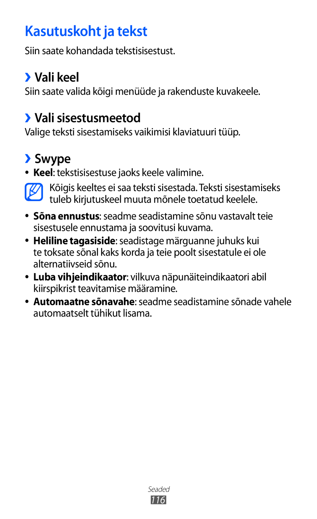 Samsung GT-S6102SKASEB manual Kasutuskoht ja tekst, ››Vali keel, ››Vali sisestusmeetod, ››Swype 