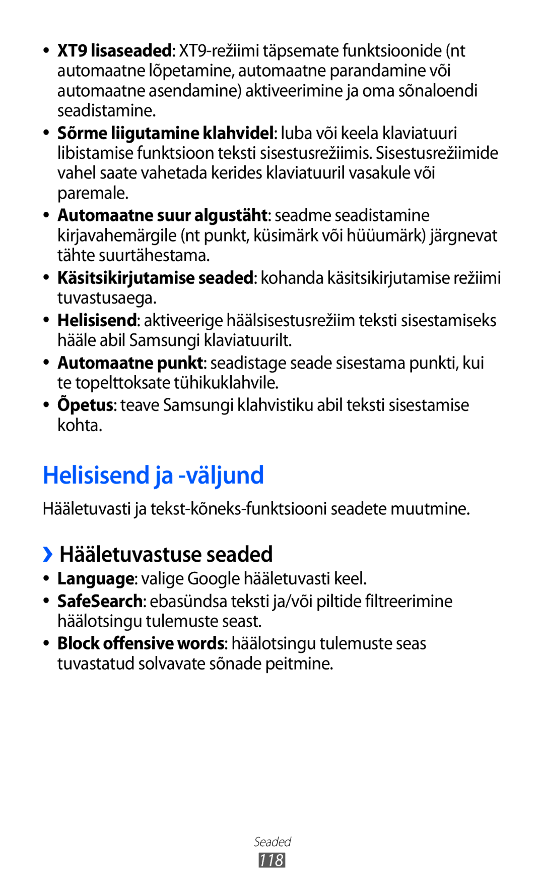 Samsung GT-S6102SKASEB manual Helisisend ja -väljund, ››Hääletuvastuse seaded, 118 
