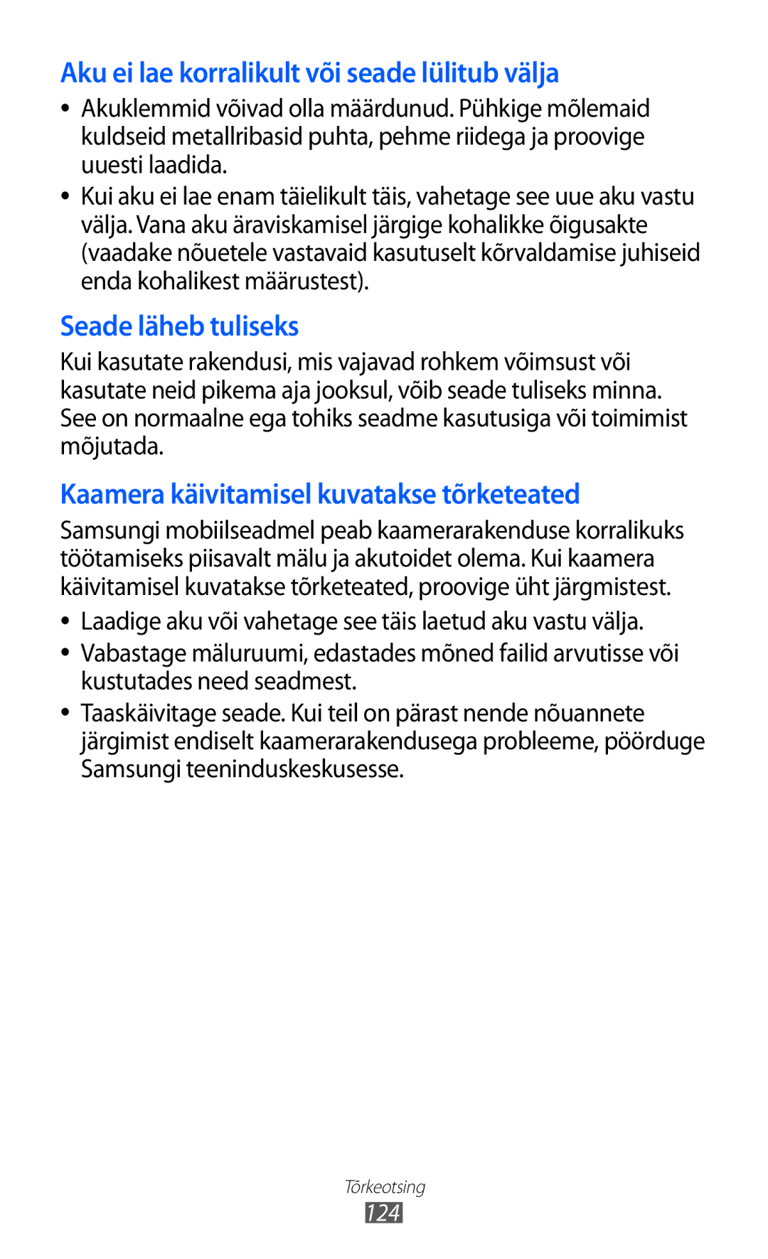 Samsung GT-S6102SKASEB manual Aku ei lae korralikult või seade lülitub välja, 124 