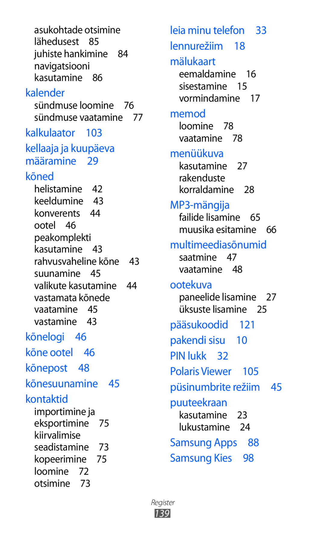 Samsung GT-S6102SKASEB manual Kõned, 139 