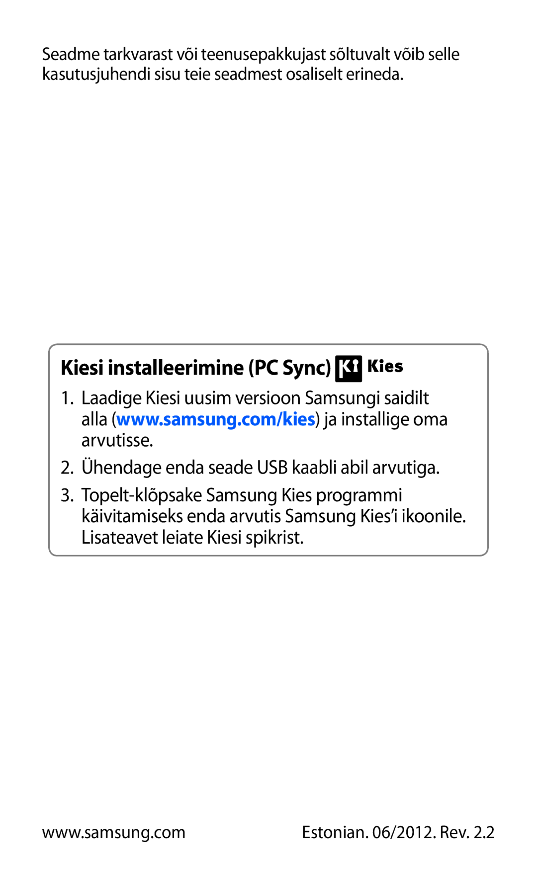 Samsung GT-S6102SKASEB manual Kiesi installeerimine PC Sync 