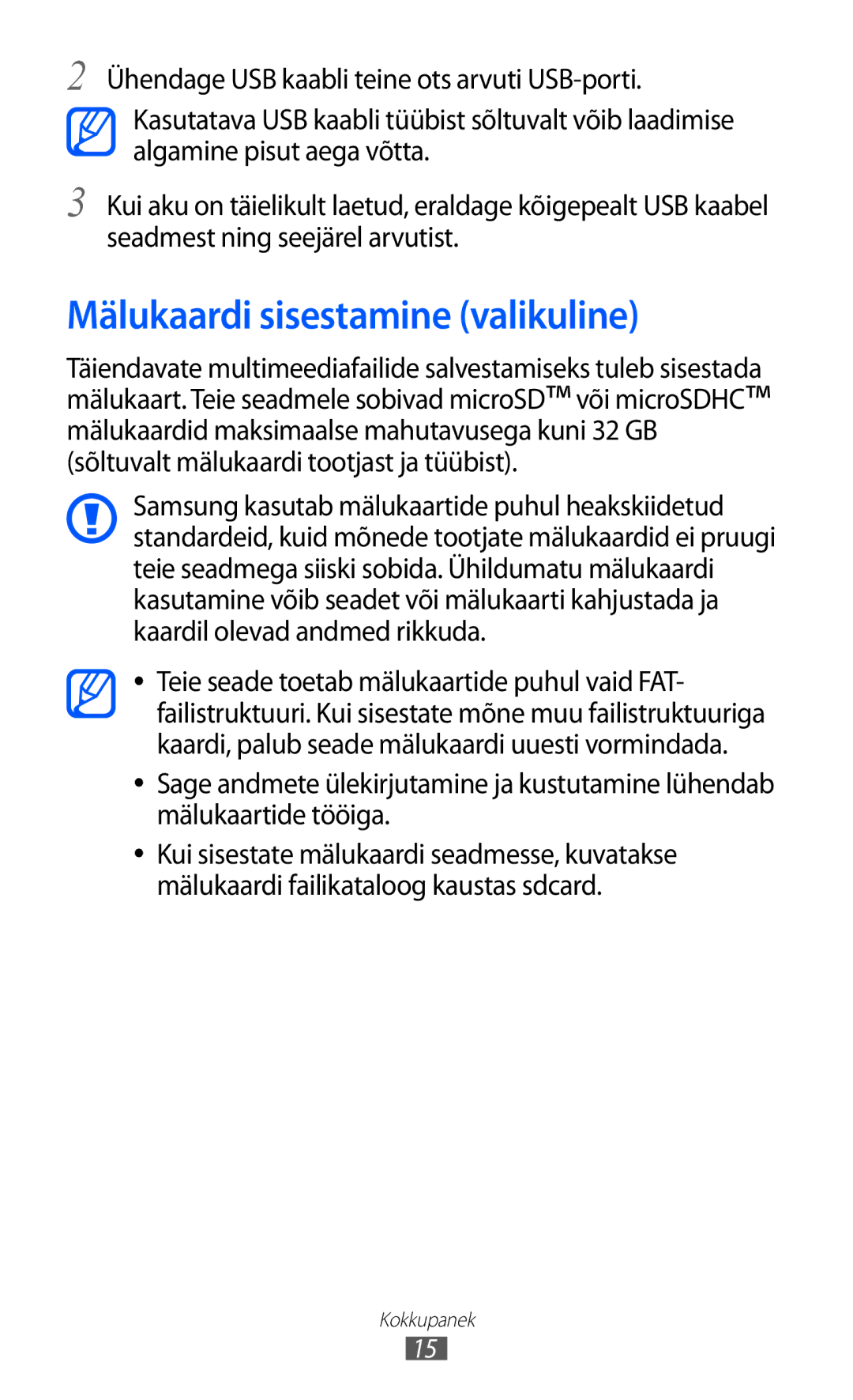 Samsung GT-S6102SKASEB manual Mälukaardi sisestamine valikuline 