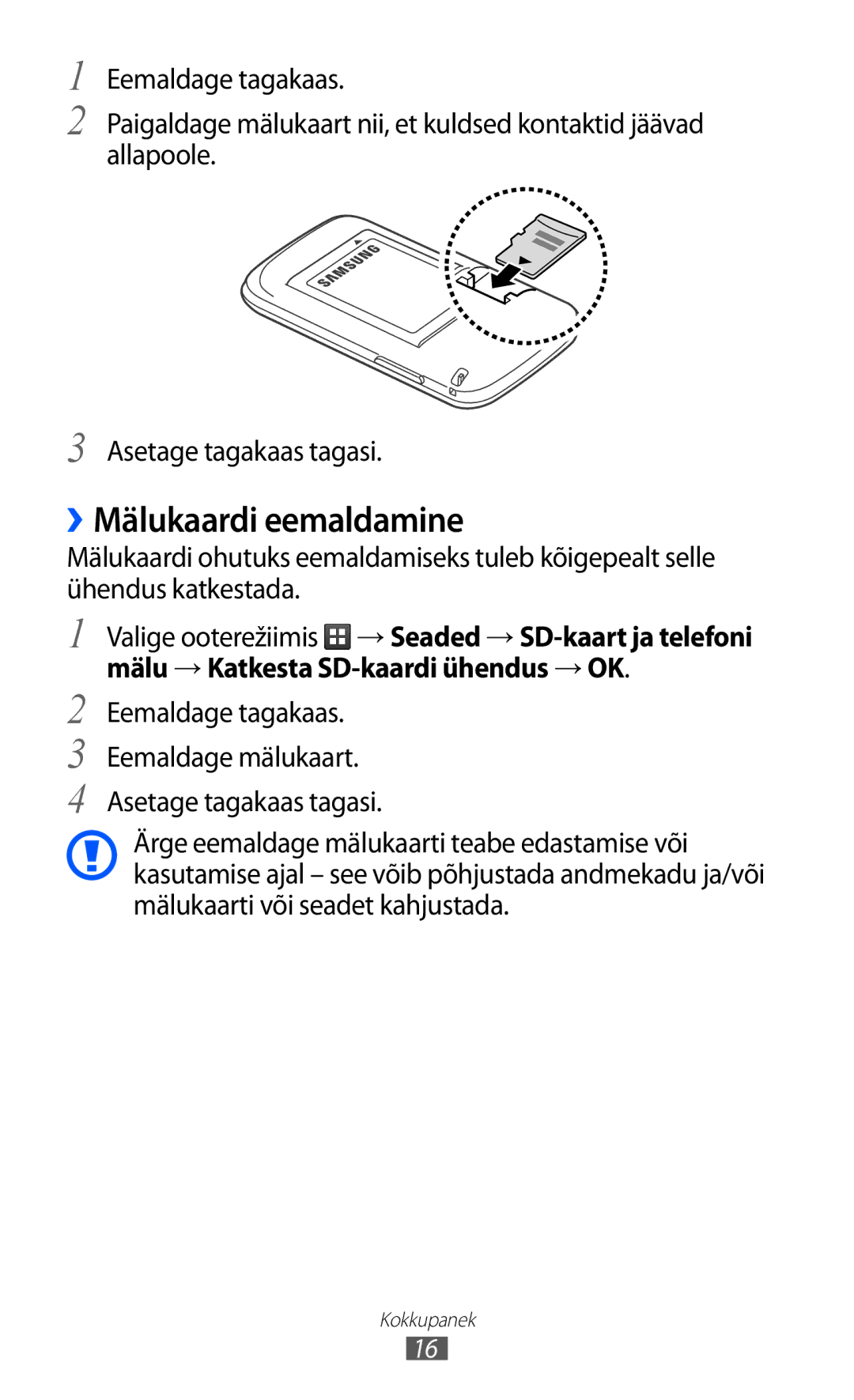 Samsung GT-S6102SKASEB manual ››Mälukaardi eemaldamine 