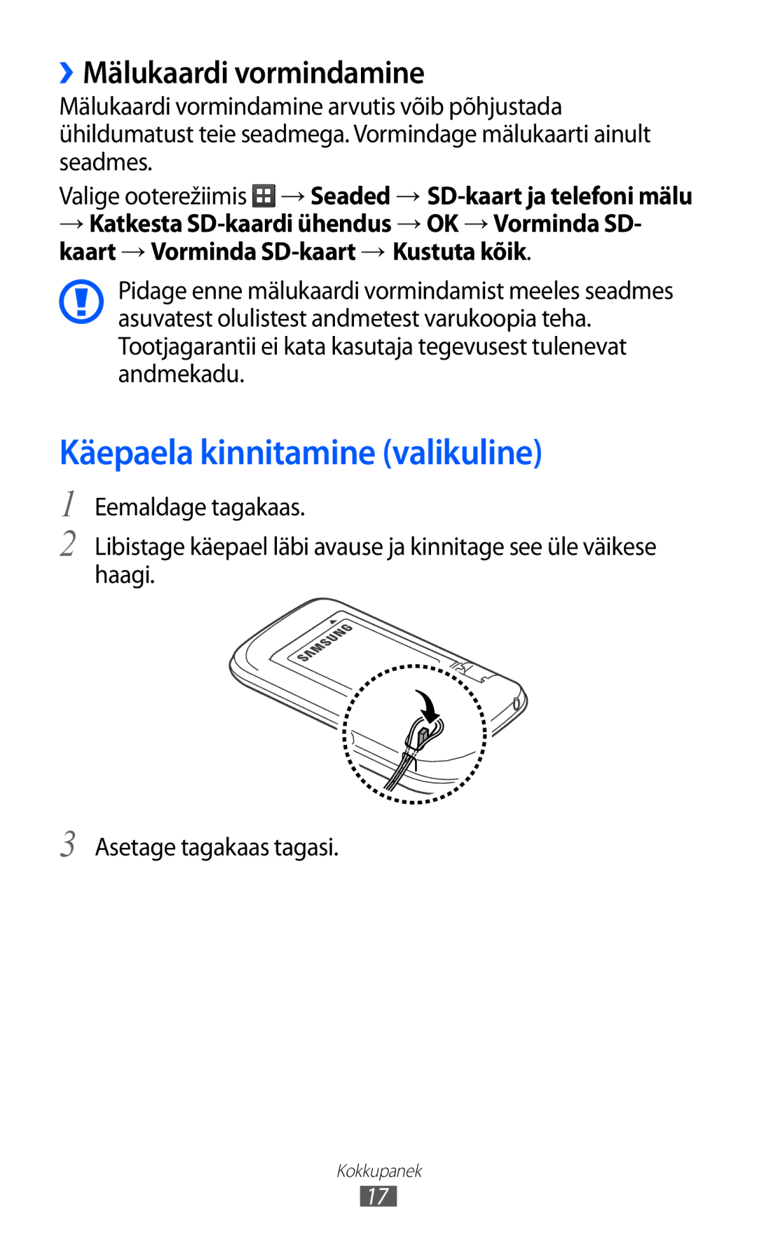 Samsung GT-S6102SKASEB manual Käepaela kinnitamine valikuline, ››Mälukaardi vormindamine 