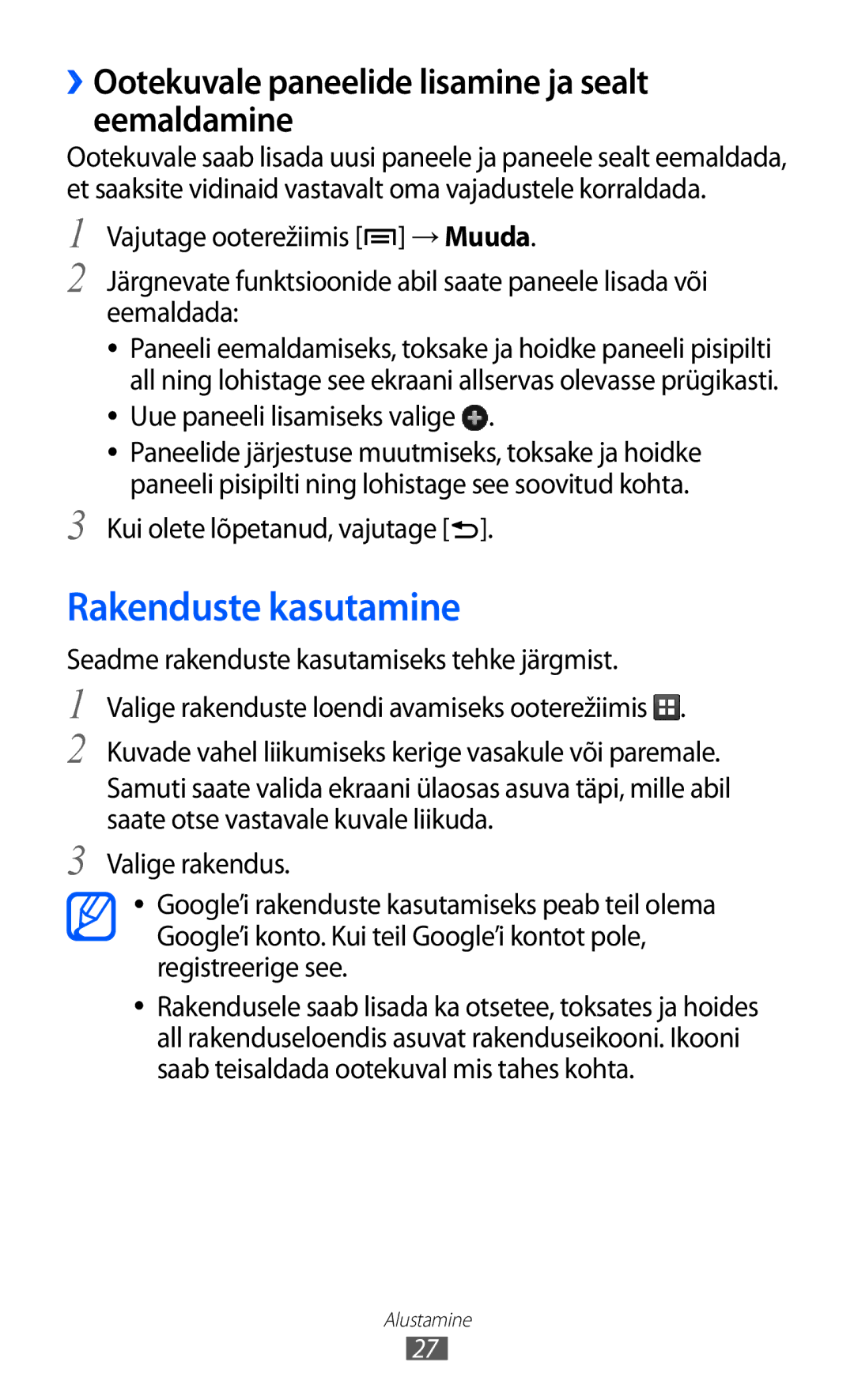 Samsung GT-S6102SKASEB manual Rakenduste kasutamine, ››Ootekuvale paneelide lisamine ja sealt eemaldamine 