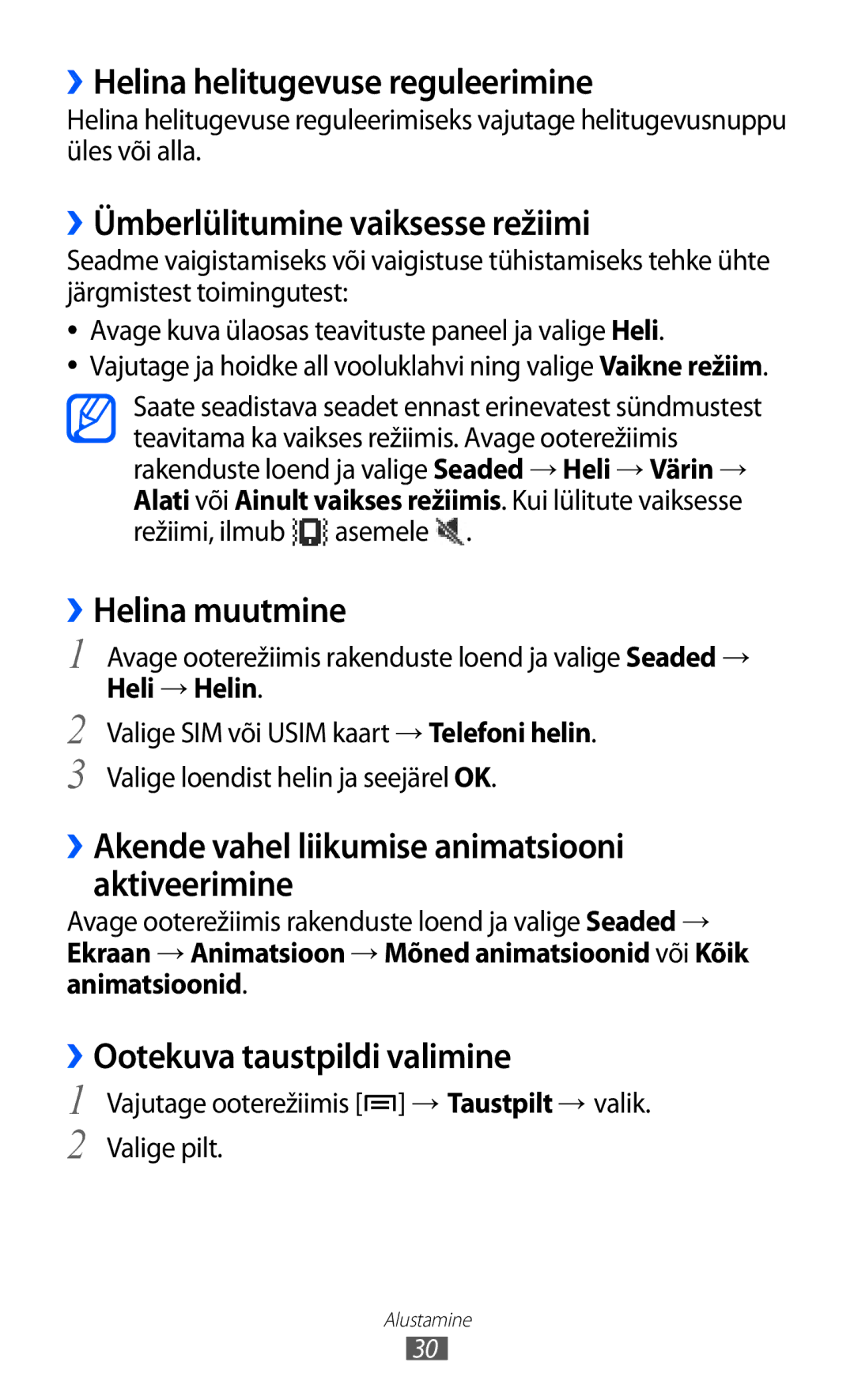 Samsung GT-S6102SKASEB manual ››Helina helitugevuse reguleerimine, ››Ümberlülitumine vaiksesse režiimi, ››Helina muutmine 