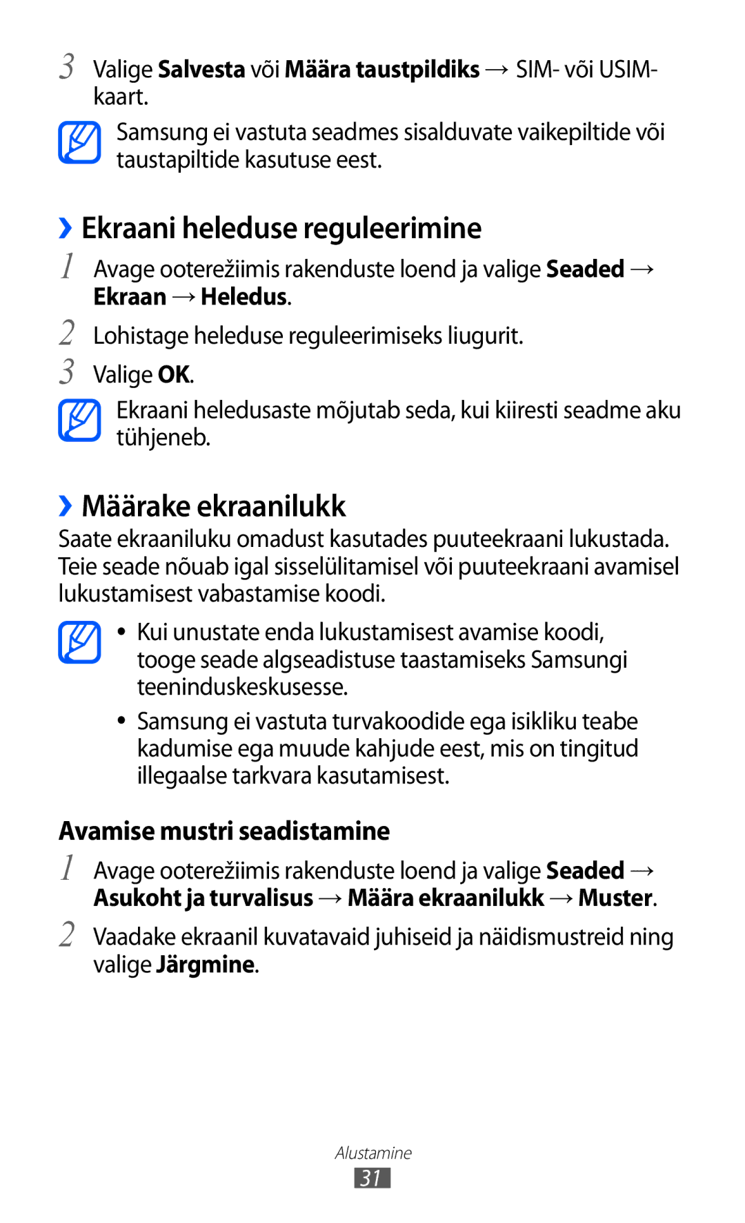 Samsung GT-S6102SKASEB manual ››Ekraani heleduse reguleerimine, ››Määrake ekraanilukk, Valige Järgmine 